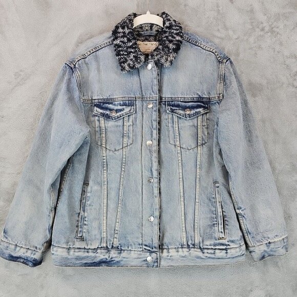 Free People Wild Ones Sherpa Trucker Jacket Womens XS Oversized Light Blue Boho - Picture 1 of 10